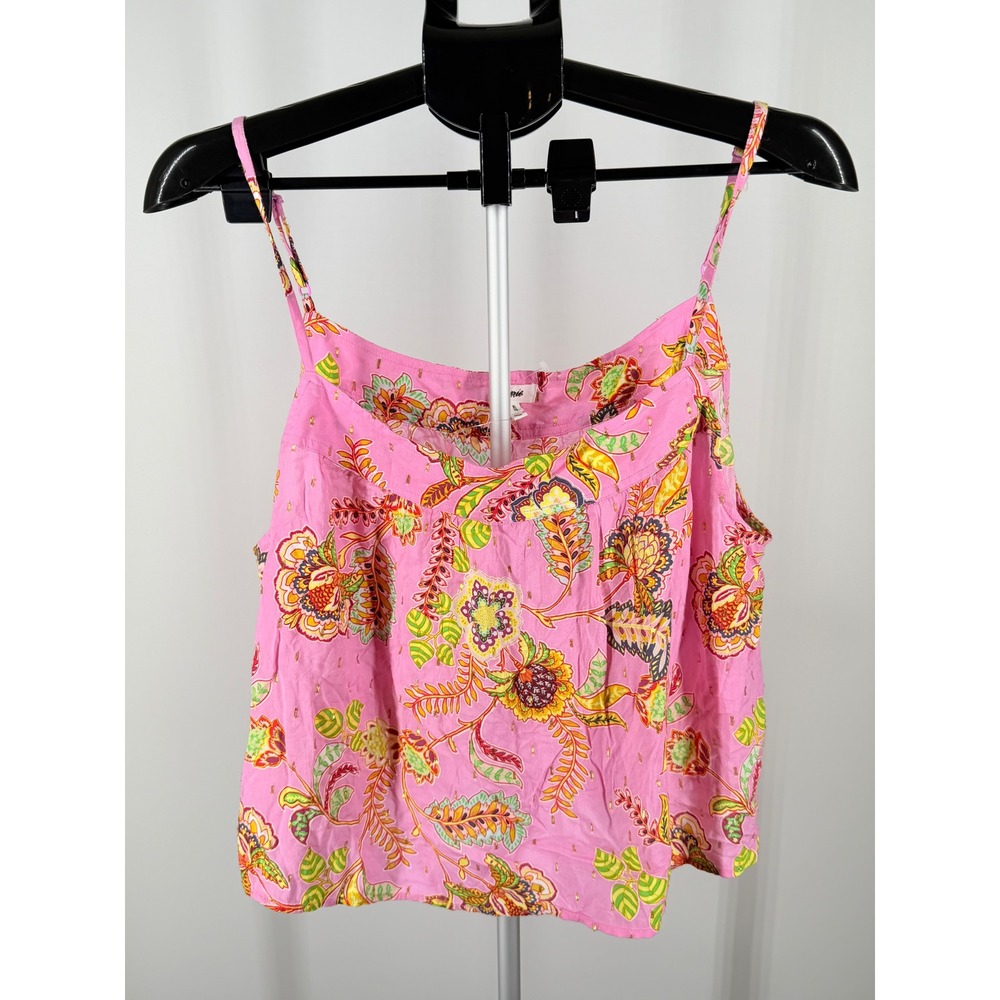 Aerie Pink Floral Gold Metallic Thread Cami Crop Top XL Boho Spaghetti Strap‎